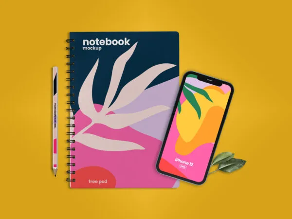 Top View of a Notebook with iPhone 12 and a Pen Mockup 1