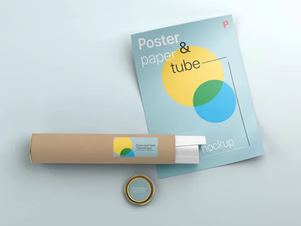 Top View of a Poster with Paper Tube and Its Lid Mockup 1
