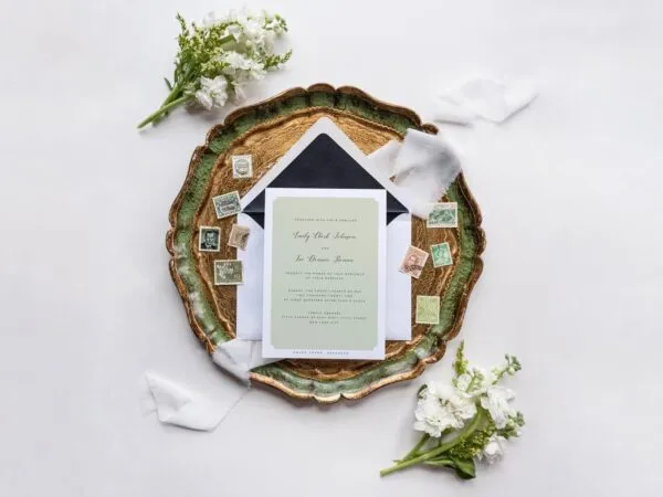 Top View of a Wedding Invitation Card with Classic Decorations Mockup 1