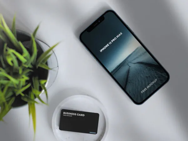 Top View of an iPhone 12 Pro Max and a Business Card Mockup 1
