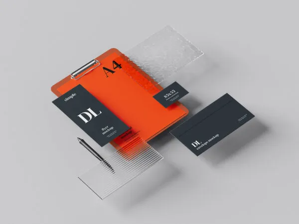Top and Perspective View of 5 Branding Stationery Mockups 1