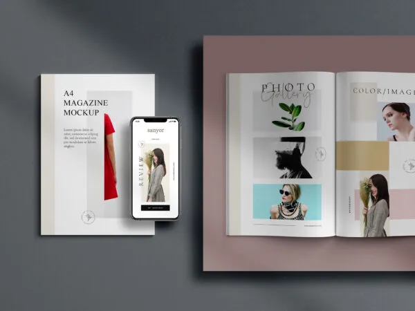 Top view of Two A4 Magazines and a iPhone X Mockup 1