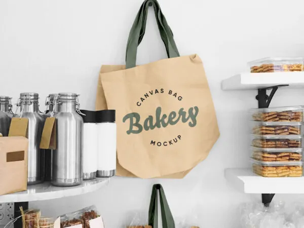Tote Mockup Hanged with Jars and Boxes Full of Grocery 1