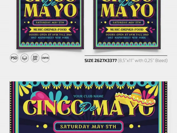 Traditional Illustrative Cinco De Mayo Event Flyer and Facebook Cover Template 1