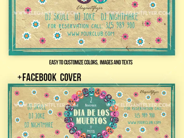Traditional Illustrative Dia De Los Muertos Flyer and Facebook Cover Template 1