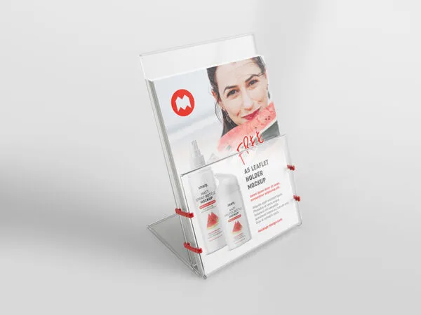 Transparent Leaflet and Its Holder with Three Different Shots Mockup 1