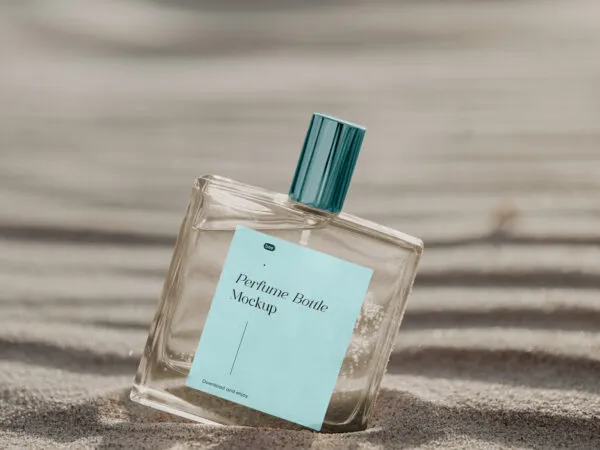 Transparent Perfume Bottle Mockup on Sunny Beach 1