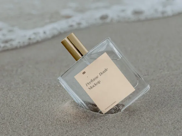 Transparent Perfume Bottle with Label Mockup in Beach 1