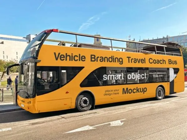Travel Coach Bus Mockup in Perspective View 1