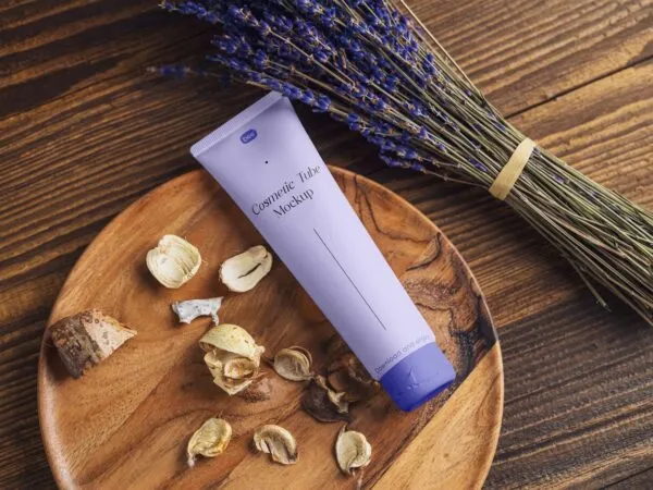 Trendy Cosmetic Tube Mockup Featuring Rustic Surface and Lavender 1