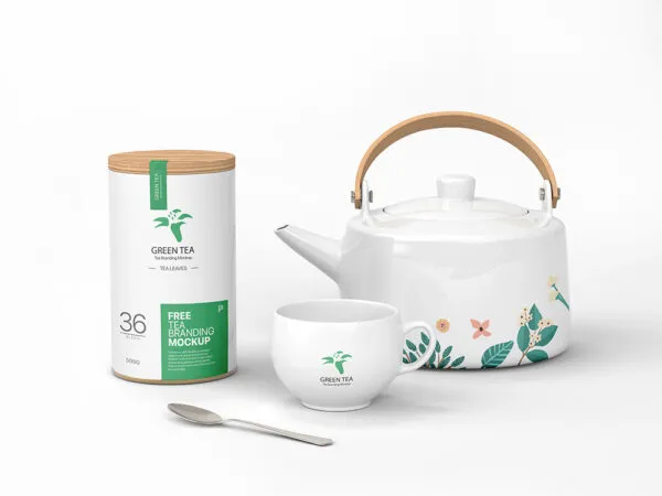 Trendy Green Tea Branding Mockup Featuring Teapot Cup and Jar 1