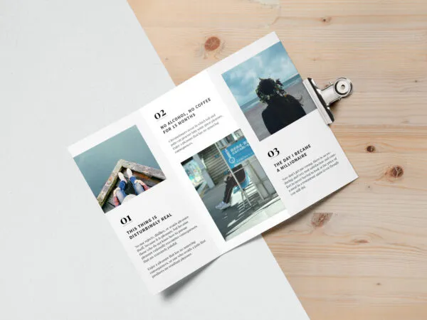 Tri Fold Brochure Mockup on a Wooden Background 1