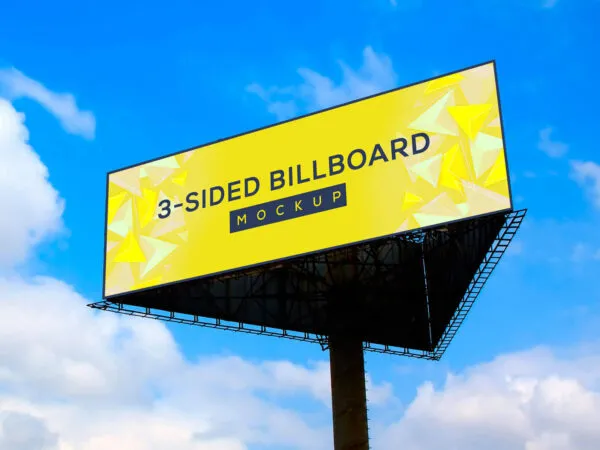 Triangle 3 Sided Single Stand Billboard in Blue Sky Mockup 1