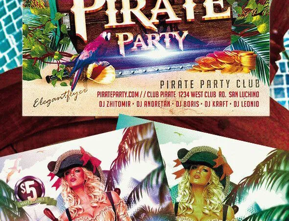 Tropical Beachy Pirate Party Flyer and Facebook Cover Template 1