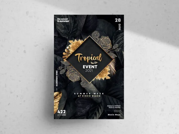 Tropical Flyer Template Featuring Leaves and Golden Flowers 1
