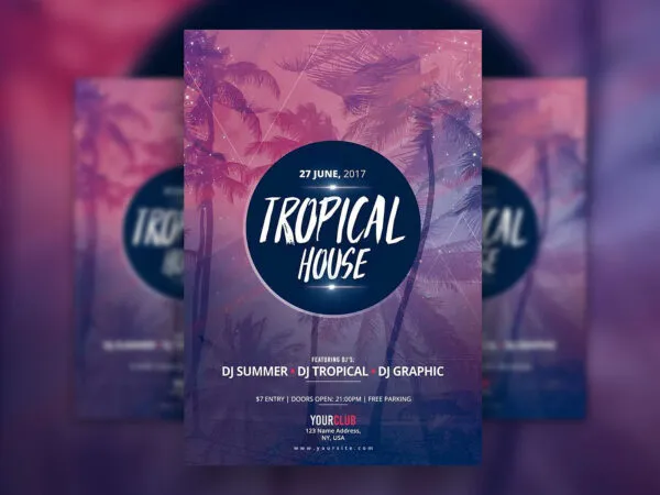 Tropical House Party Flyer Template Featuring Palm Trees 1