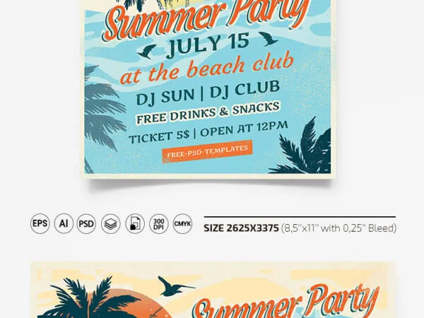 Tropical Illustrated Summer Party Flyer and Facebook Cover Templates 1