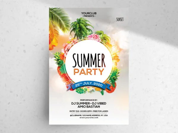 Tropical Summer Party Flyer Graphic with Colorful Leaves 1