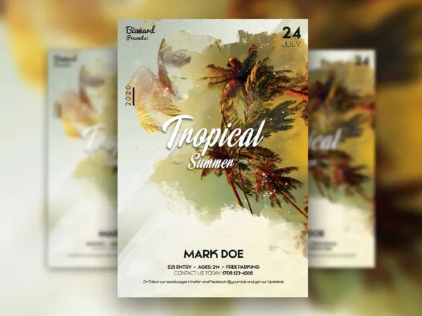 Tropical Summer Party Flyer Template with Palm Trees Background 1