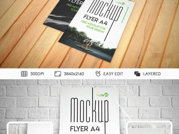 Two A4 Flyer Mockups on a Wooden Surface 1