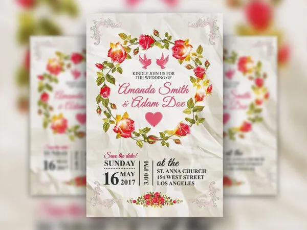 Two Blue and Pink Floral Wedding Invitation Flyer Template 1