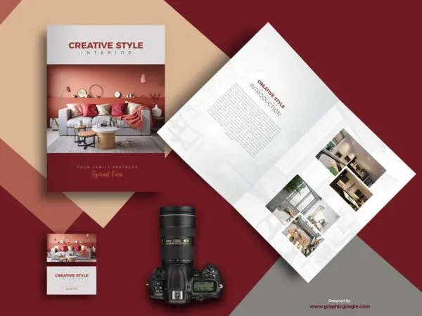 Two Brochures and Two Business Cards Mockup Next to Camera 1