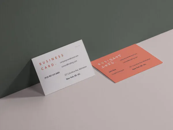 Two Business Cards Mockup Leaning Against Wall and Lying Down 1