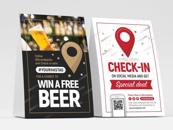 Two Check in Table Tent Templates Featuring Location and QR Code 1