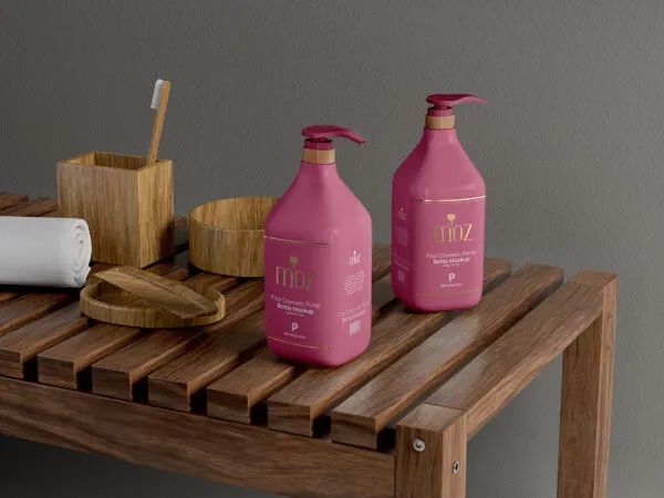 Two Cosmetic Pump Bottles on Wooden Table Mockup 1