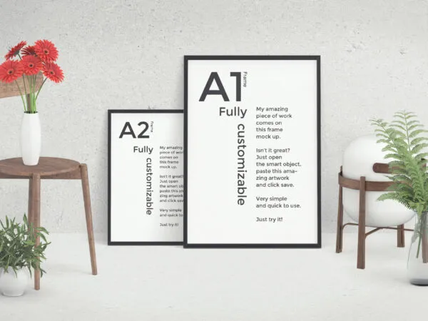 Two Different Sizes of Poster Frames in One Scene Mockup 1