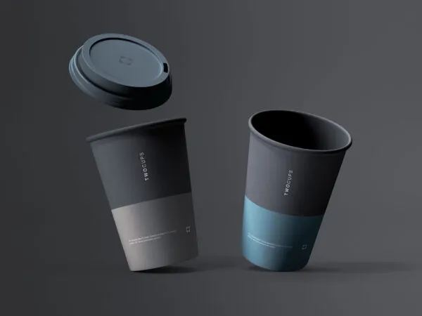 Two Floating Disposable Coffee Cups Mockup 1