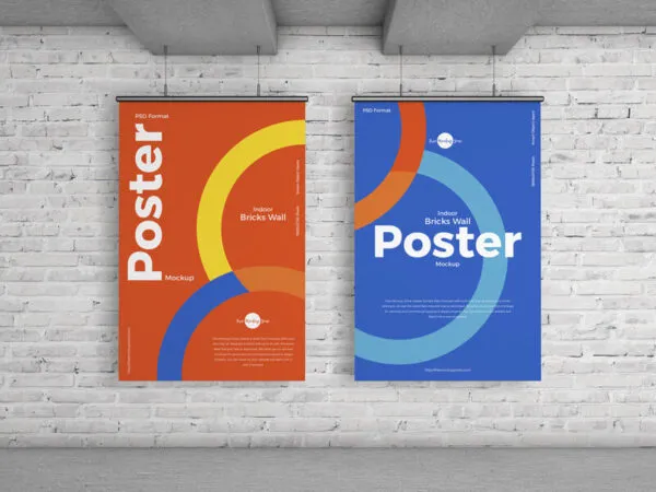 Two Indoor Vertical Posters Mockup with Bricks Wall Background 1