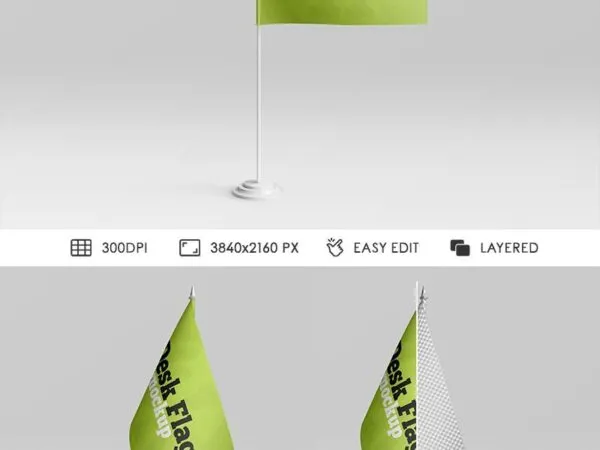 Two Mockups Featuring Flat and Curled Desk Flags 1