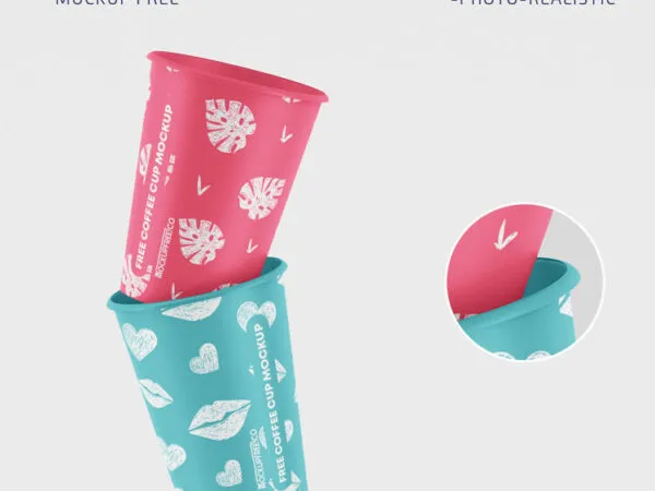 Two Mockups Featuring Front Views of Floating Paper Coffee Cups 1