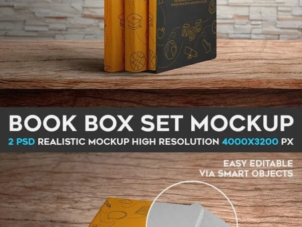 Two Mockups Showing Slipcase and Books on Wooden Table 1