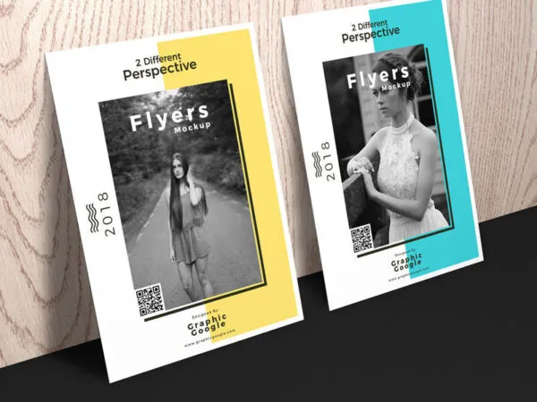 Two Mockups of Flyers Leaning Against Wooden Wall at Different Angeles 1