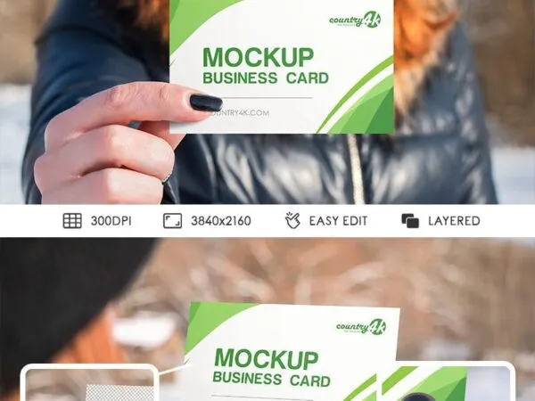 Two Mockups of a Business Card Featuring a Lady Holding it in Different Views 1