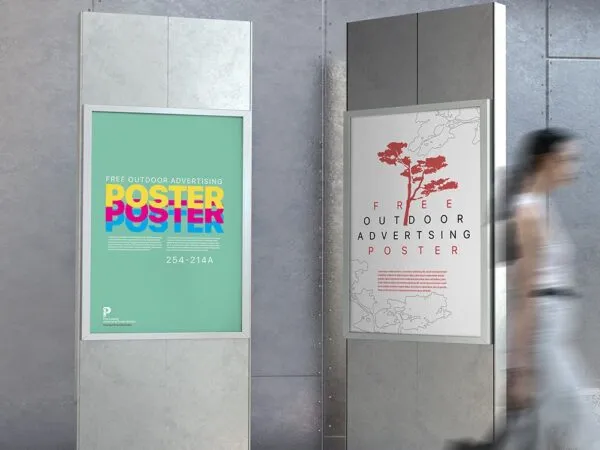 Two Outdoor Vertical Advertising Posters Mockup with Metallic Frames 1