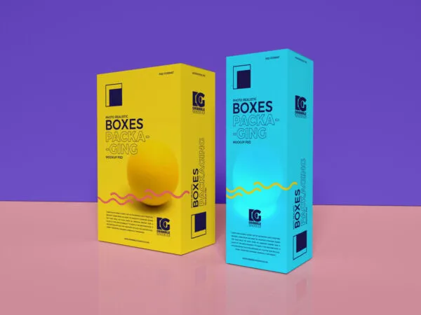 Two Packaging Boxes Standing in the Half Side View Mockup 1