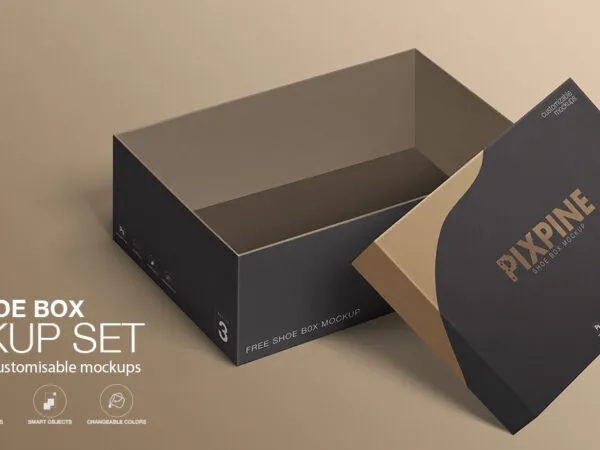 Two Perspective View Mockups Featuring Open and Closed Shoe Boxes 1