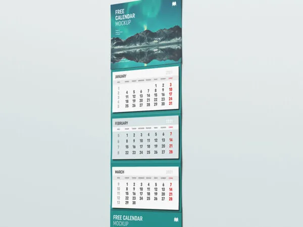 Two Perspective and Front View Mockups of 3 Panel Wall Calendar 1