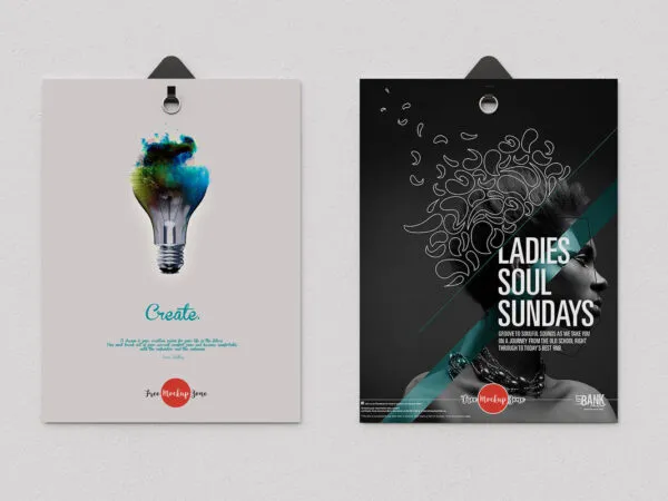 Two Posters Hanging From Clips on the Wall Mockup 1