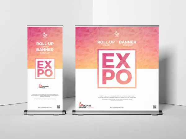 Two Roll Up Banner Stands at the Corner of Room in Front View Mockup 1