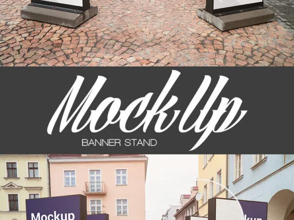 Two Rows of a Banner Stands Mockup with a Street View 1
