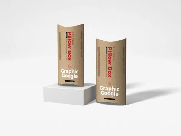 Two Sealed Pillow Shaped Kraft Packaging Boxes Mockup in Half Side View 1