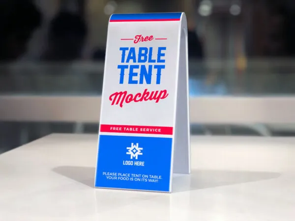 Two Sided Plastic Table Tent on White Table Mockup 1