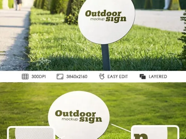 Two Small and Round Outdoor Sign Dip Into the Ground Mockups 1