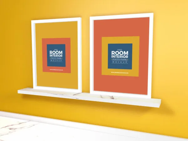 Two Vertical Interior Poster Frames Mockup with Marble Floor 1