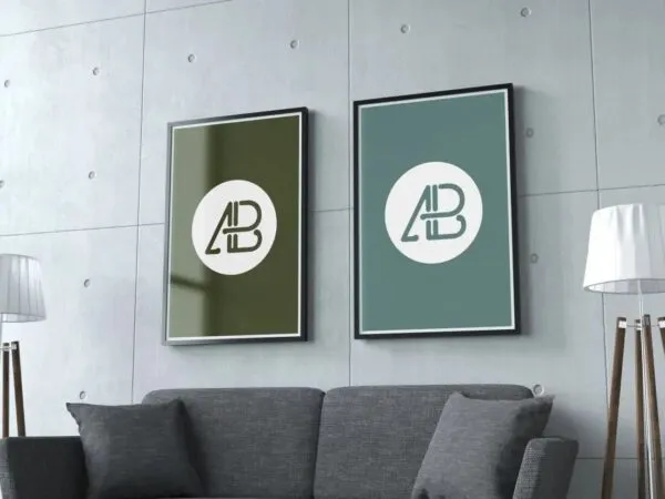 Two Vertical Posters Attached to Living Room Wall Mockup 1