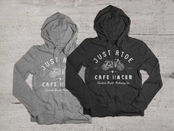 Two Zippered Hoodies on a Gray Wooden Surface Mockup 1